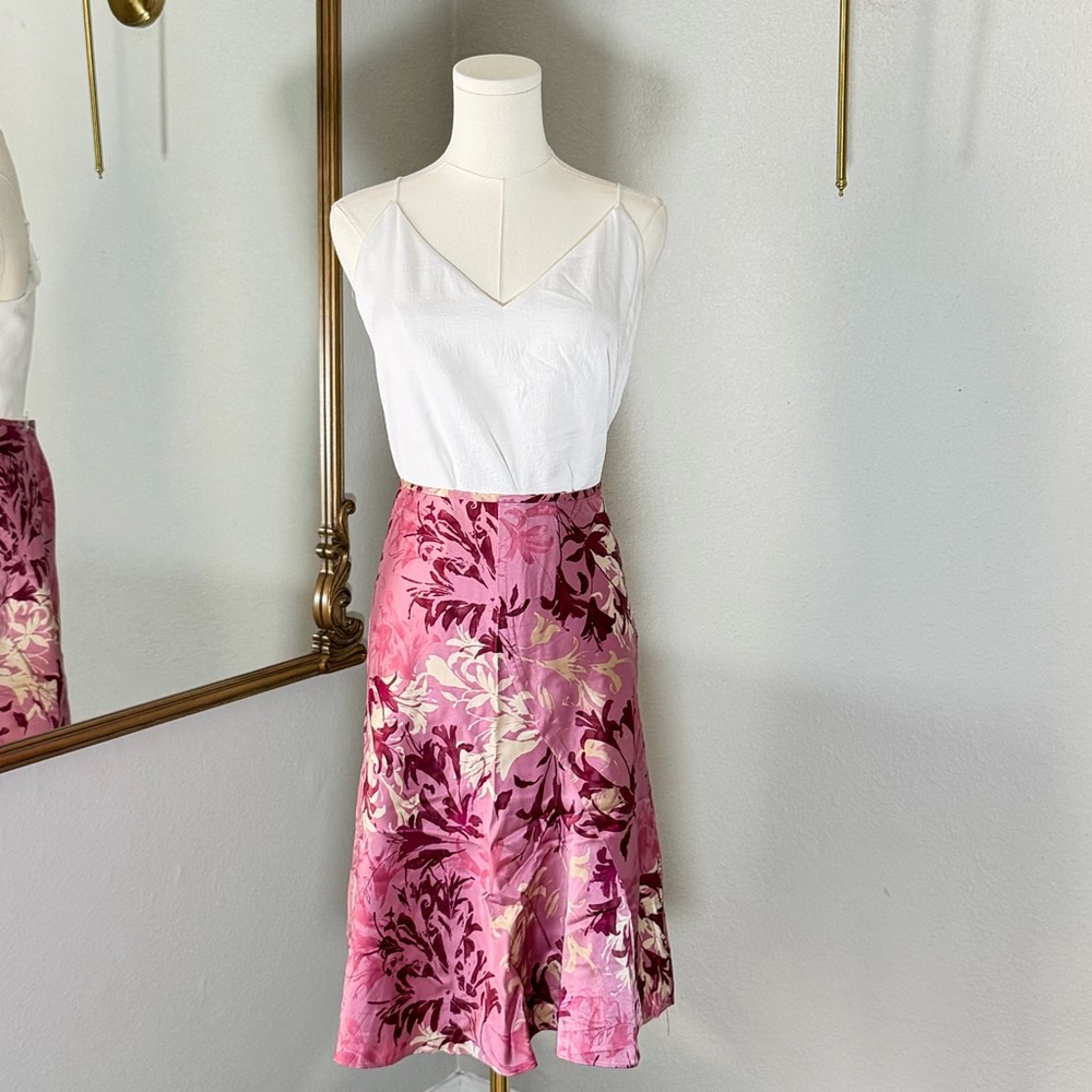 VTG 90s INC Silk Floral Midi Skirt 8P Fairycore Cottagecore Pink Coquette Mesh